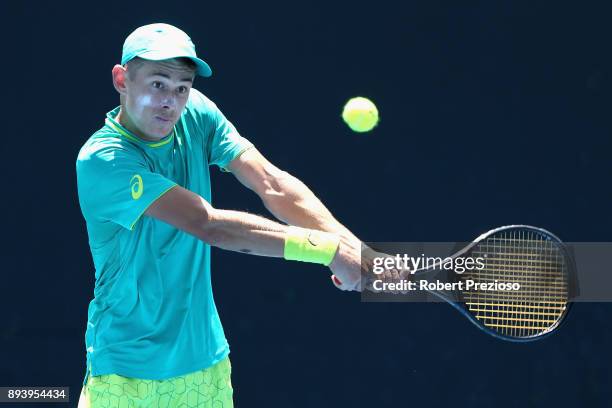 Alex De Minaur of Australia competes in his match against Alex Bolt of Australia during the Australian Open December Showdown at Melbourne Park on...