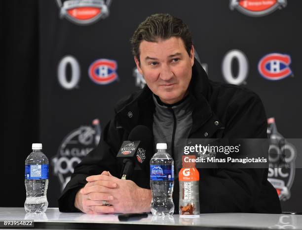 Legend Mario Lemieux talks to the media during the 2017 Scotiabank NHL100 Classic at Lansdowne Park on December 16, 2017 in Ottawa, Canada.