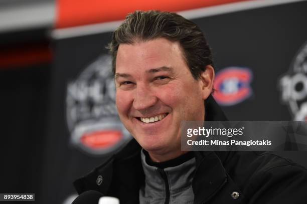 Legend Mario Lemieux talks to the media during the 2017 Scotiabank NHL100 Classic at Lansdowne Park on December 16, 2017 in Ottawa, Canada.