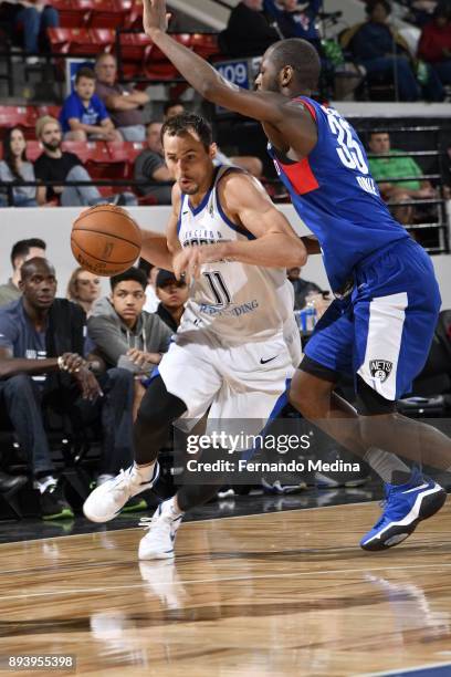 John Petrucelli of the Lakeland Magic drives against Milton Doyle of the Long Island Nets during the game on December 16, 2017 at RP Funding Center...