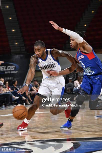 Rodney Purvis of the Lakeland Magic drives against Tahjere McCall of the Long Island Nets during the game on December 16, 2017 at RP Funding Center...