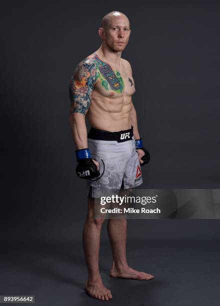 Josh Emmett poses for a backstage portrait backstage during the UFC Fight Night event at Bell MTS Place on December 16, 2017 in Winnipeg, Manitoba,...