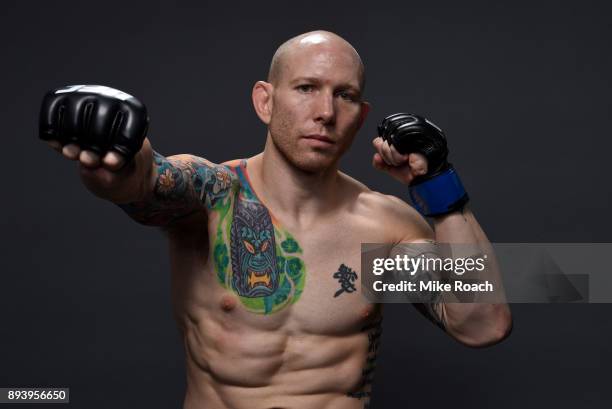 Josh Emmett poses for a backstage portrait backstage during the UFC Fight Night event at Bell MTS Place on December 16, 2017 in Winnipeg, Manitoba,...