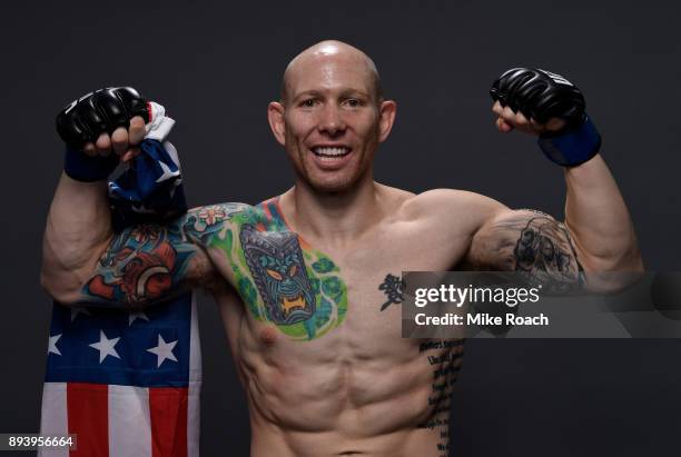 Josh Emmett poses for a backstage portrait backstage during the UFC Fight Night event at Bell MTS Place on December 16, 2017 in Winnipeg, Manitoba,...