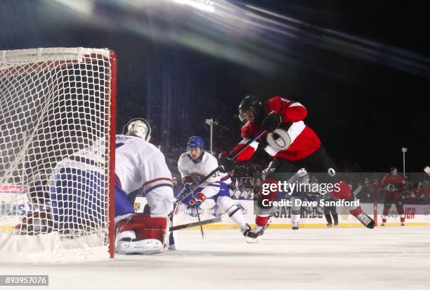Bobby Ryan of the Ottawa Senators fires a shot past Carey Price of the Montreal Canadiens to score a third period goal on the Montreal Canadiens...