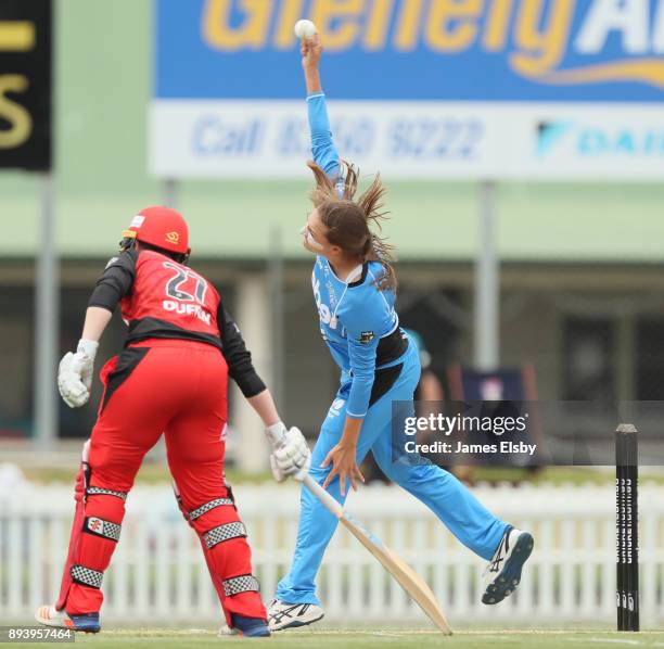 Alex Price of the Adelaide Strikers bowls during the Women's Big Bash League match between the Adelaide Strikers and the Melbourne Renegades at...