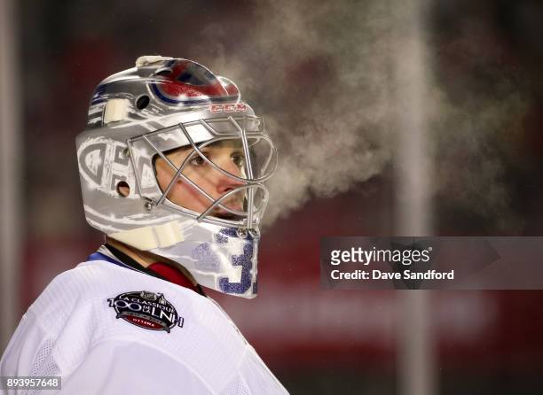 Carey Price of the Montreal Canadiens looks on in a game against the Ottawa Senators during the 2017 Scotiabank NHL100 Classic at Lansdowne Park on...