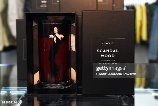 Scandalwood candle is displayed at the launch of Dita Von Teese and luxury fragrance brand Heretic Parfum's candle and fragrance collaboration...