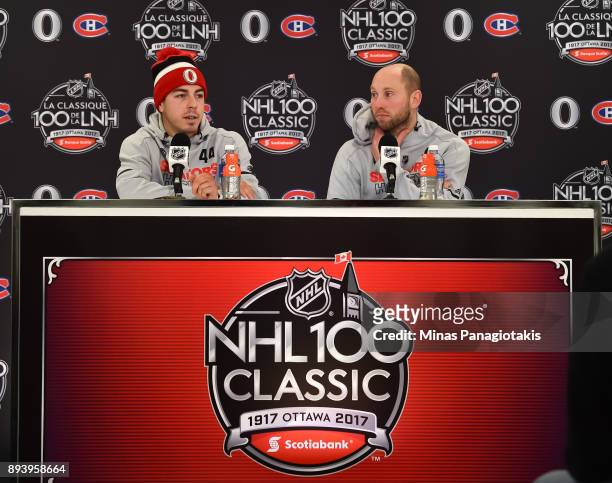 Jean-Gabriel Pageau and Craig Anderson of the Ottawa Senators talk to the media following a 3-0 win over the Montreal Canadiens during the 2017...