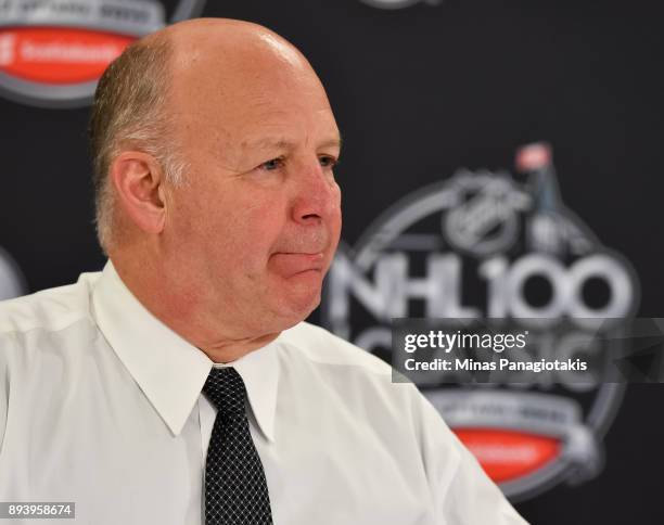 Montreal Canadiens head coach Claude Julien talks to the media after a 3-0 loss to the Ottawa Senators during the 2017 Scotiabank NHL100 Classic at...