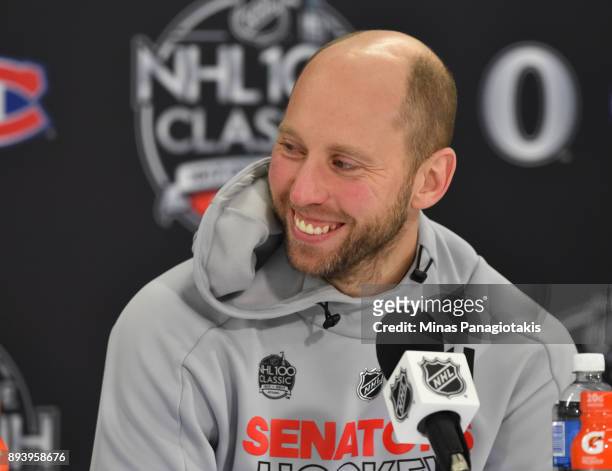 Craig Anderson of the Ottawa Senators talks to the media following a 3-0 shutout win over the Montreal Canadiens during the 2017 Scotiabank NHL100...