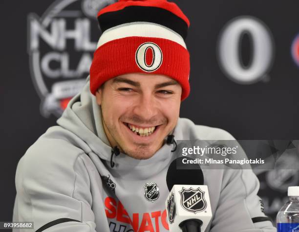 Jean-Gabriel Pageau of the Ottawa Senators takes questions from the media following a 3-0 win over the Montreal Canadiens during the 2017 Scotiabank...