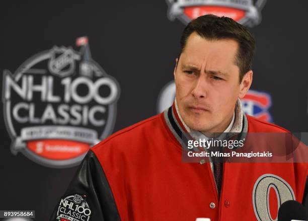 Ottawa Senators head coach Guy Boucher takes questions from the media following a 3-0 win over the Montreal Canadiens during the 2017 Scotiabank...