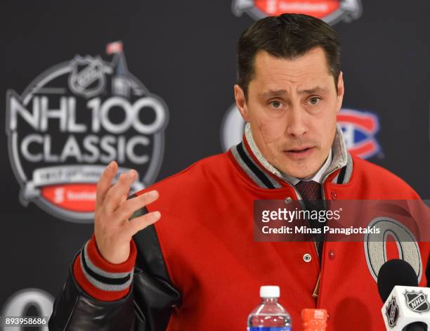 Ottawa Senators head coach Guy Boucher takes questions from the media following a 3-0 win over the Montreal Canadiens during the 2017 Scotiabank...