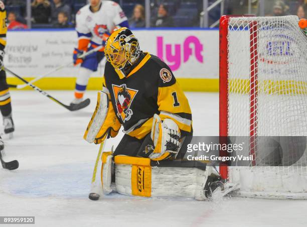 Casey DeSmith of the Wilkes-Barre/Scranton Penguins makes a save during a game against the Bridgeport Sound Tigers at the Webster Bank Arena on...