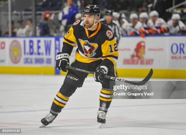 Zach Aston-Reese of the Wilkes-Barre/Scranton Penguins looks to receive a pass during a game against the Bridgeport Sound Tigers at the Webster Bank...