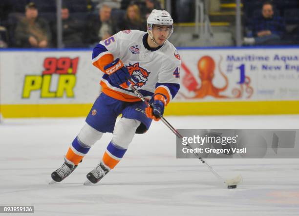 Shane Prince of the Bridgeport Sound Tigers carries the puck up ice during a game against the Wilkes-Barre/Scranton Penguins at the Webster Bank...