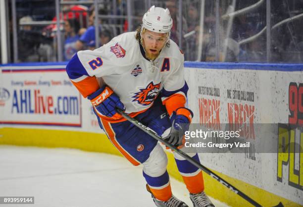 Seth Helgeson of the Bridgeport Sound Tigers brings the puck around the goal during a game against the Wilkes-Barre/Scranton Penguins at the Webster...