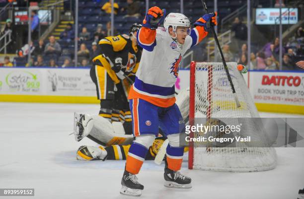 Scott Eansor of the Bridgeport Sound Tigers reacts after scoring during a game against the Wilkes-Barre/Scranton Penguins at the Webster Bank Arena...