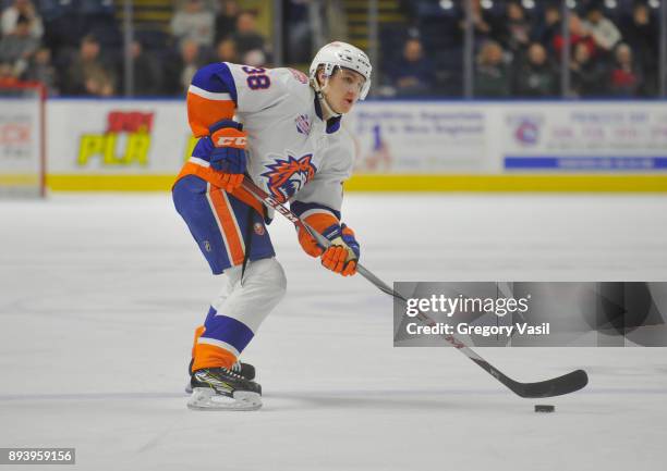 Sebastian Aho of the Bridgeport Sound Tigers looks to pass during a game against the Wilkes-Barre/Scranton Penguins at the Webster Bank Arena on...