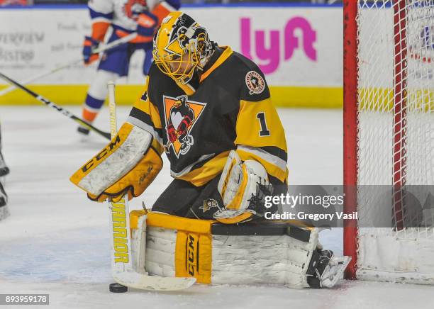 Casey DeSmith of the Wilkes-Barre/Scranton Penguins makes a save during a game against the Bridgeport Sound Tigers at the Webster Bank Arena on...