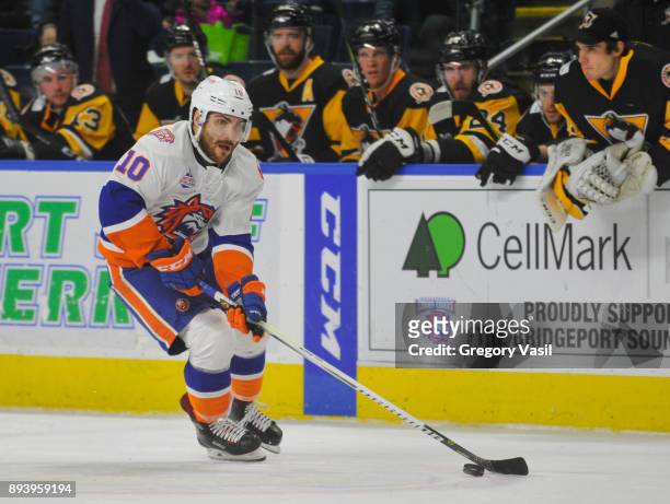Ryan Bourque of the Bridgeport Sound Tigers carries the puck up ice during a game against the Wilkes-Barre/Scranton Penguins at the Webster Bank...