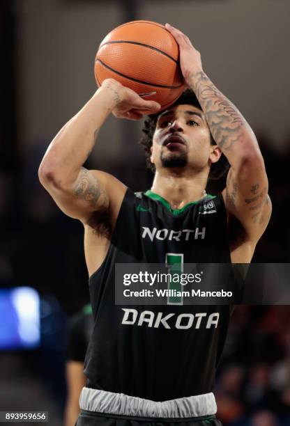 Marlon Stewart of the North Dakota Fighting Hawks takes a free throw against the Gonzaga Bulldogs in the second half at McCarthey Athletic Center on...