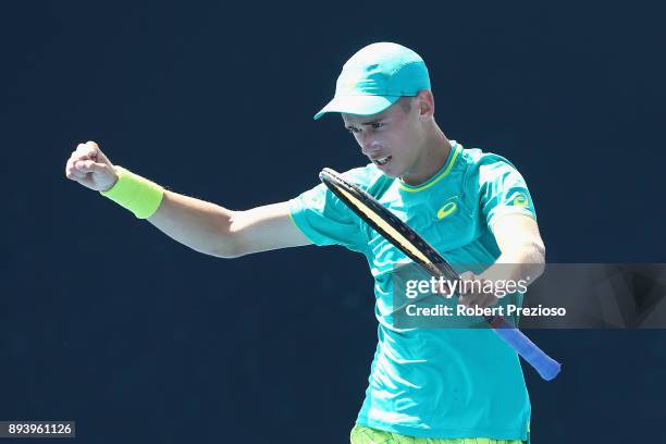 Alex De Minaur of Australia celebrates a win in his match against Alex Bolt of Australia during the Australian Open December Showdown at Melbourne...