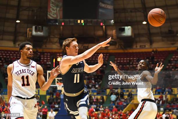 Miles Lester of the Rice Owls passes the ball during the game against the Texas Tech Red Raiders on December 16, 2017 at Lubbock Municipal Coliseum...