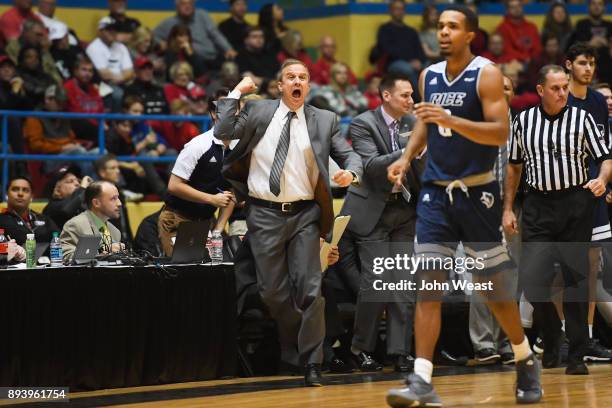 Head coach Scott Pera of the Rice Owls reacts to an officials call during the game against the Texas Tech Red Raiders on December 16, 2017 at Lubbock...