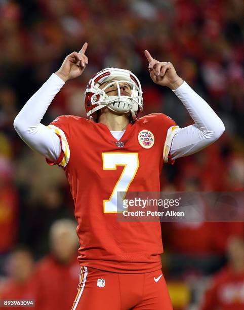 Kicker Harrison Butker of the Kansas City Chiefs celebrates after kicking a field goal during the game against the Los Angeles Chargers at Arrowhead...