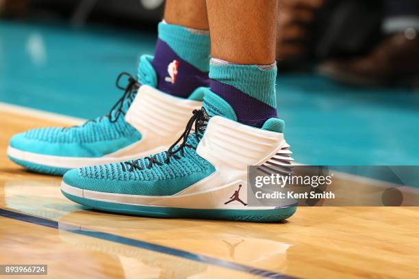 The sneakers of Nicolas Batum of the Charlotte Hornets are seen during the game against the Portland Trail Blazers on December 16, 2017 at Spectrum...