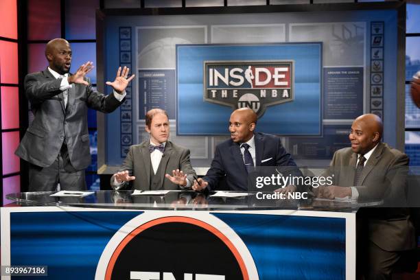 Episode 1734 -- Pictured: Kevin Hart as Shaquille O'Neal, Alex Moffat as Ernie Johnson, Chris Redd as Kenny Smith, Kenan Thompson as Charles Barkley...