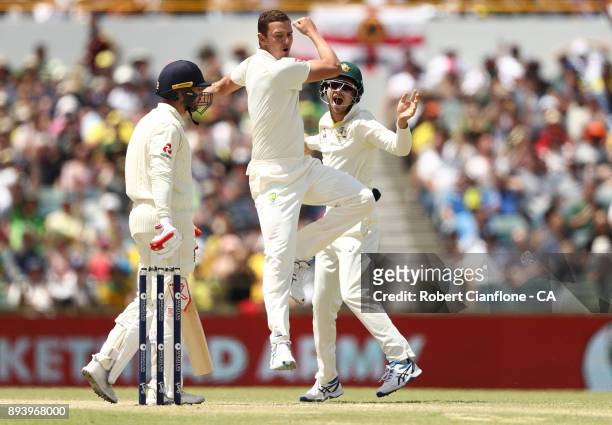 Josh Hazlewood of Australia takes the wicket of Mark Stoneman of England during day four of the Third Test match during the 2017/18 Ashes Series...