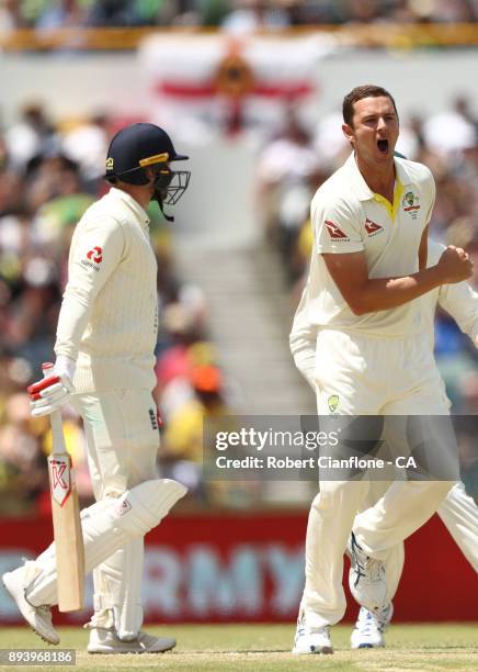 Josh Hazlewood of Australia takes the wicket of Mark Stoneman of England during day four of the Third Test match during the 2017/18 Ashes Series...