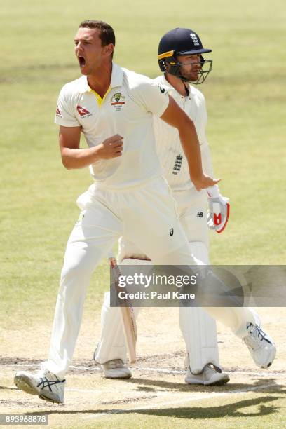 Josh Hazlewood of Australia celebrates the wicket of Mark Stoneman of England during day four of the Third Test match during the 2017/18 Ashes Series...