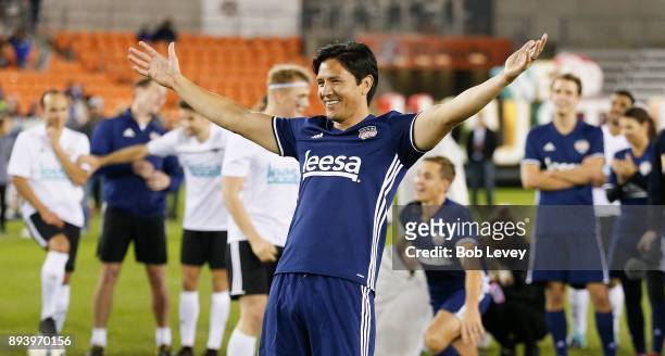 Former Houston Dynamo Brian Ching reacts after missing his shot during the Skillz Challenge during the Kick In For Houston Charity Soccer Match at...