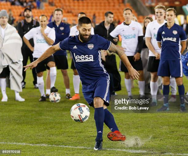 Seattle Sounders forward Clint Dempsey strikes the ball with his back foot during the Skillz Challenge during the Kick In For Houston Charity Soccer...