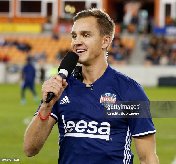 Stuart Holden addresses the crowd and thanks them for coming out and supporting the Kick In For Houston Charity Soccer Match at BBVA Compass Stadium...