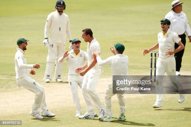 Josh Hazlewood of Australia is congratulated by team mates after taking a catch off his bowling to dismiss Alistair Cook of England during day four...