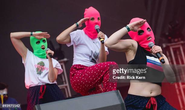 Conceptual artist Nadezhda Tolokonnikova of Pussy Riot performs onstage during Day for Night festival on December 16, 2017 in Houston, Texas.