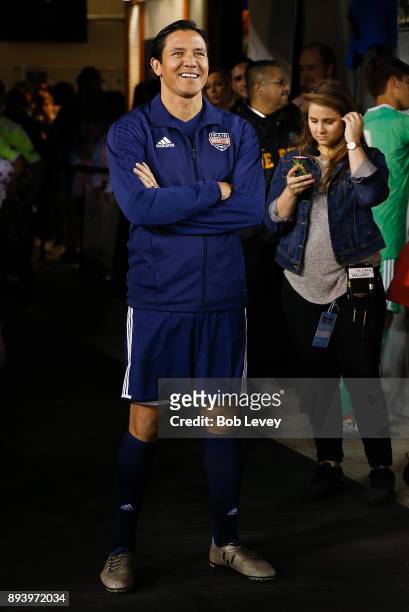 Brian Ching is introduced to the crowd during the Kick In For Houston Charity Soccer Match at BBVA Compass Stadium on December 16, 2017 in Houston,...