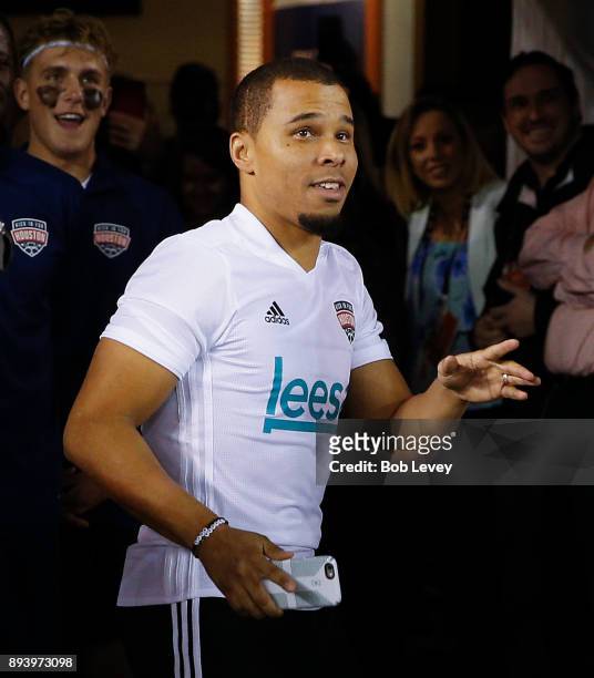 Charlie Davies is introduced during the Kick In For Houston Charity Soccer Match at BBVA Compass Stadium on December 16, 2017 in Houston, Texas.