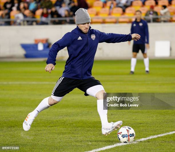 Alex Bregman of the Houston Astros warms up before participating in the Kick In For Houston Charity Soccer Match at BBVA Compass Stadium on December...