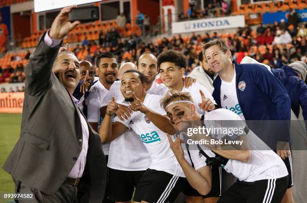 Fernando Fiore takes a selfie with Team Nash during the Kick In For Houston Charity Soccer Match at BBVA Compass Stadium on December 16, 2017 in...