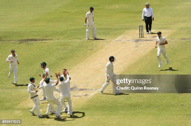 Josh Hazlewood of Australia is congratulated by team mates after taking the wicket of Mark Stoneman of England during day four of the Third Test...