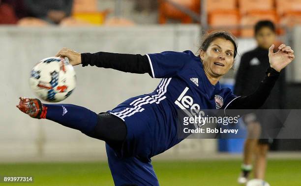 Mia Hamm warms up before the Kick In For Houston Charity Soccer Match at BBVA Compass Stadium on December 16, 2017 in Houston, Texas.