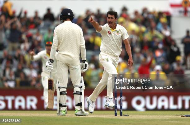 Mitchell Starc of Australia takes the wicket of James Vince of England during day four of the Third Test match during the 2017/18 Ashes Series...