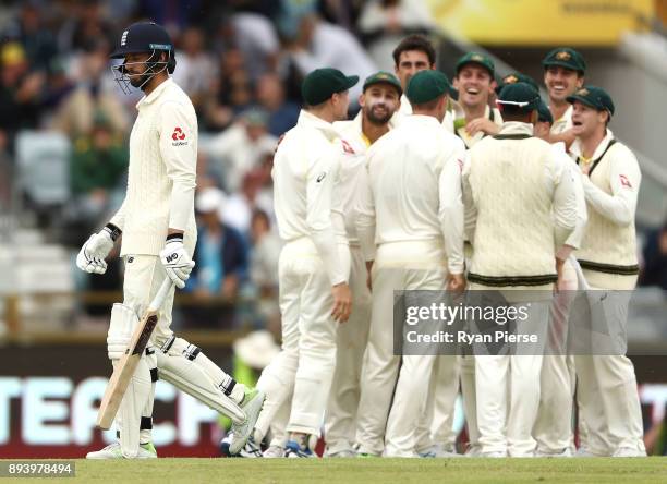 James Vince of England looks dejected after being dismissed by Mitchell Starc of Australia during day four of the Third Test match during the 2017/18...