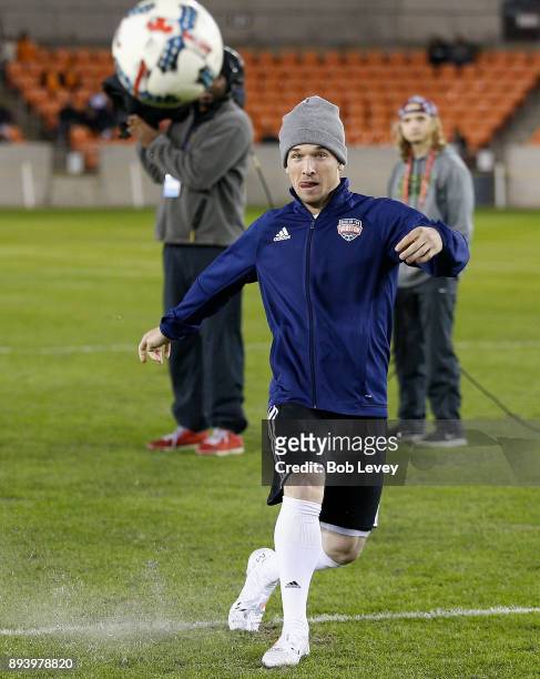 Alex Bregman of the Houston Astros attempts a shot during the Skillz Challenge during the Kick In For Houston Charity Soccer Match at BBVA Compass...